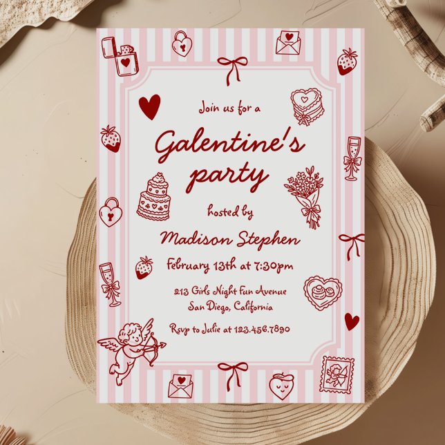 Convites  Pink Red Hand Drawn Galentine's Party (Criador carregado)