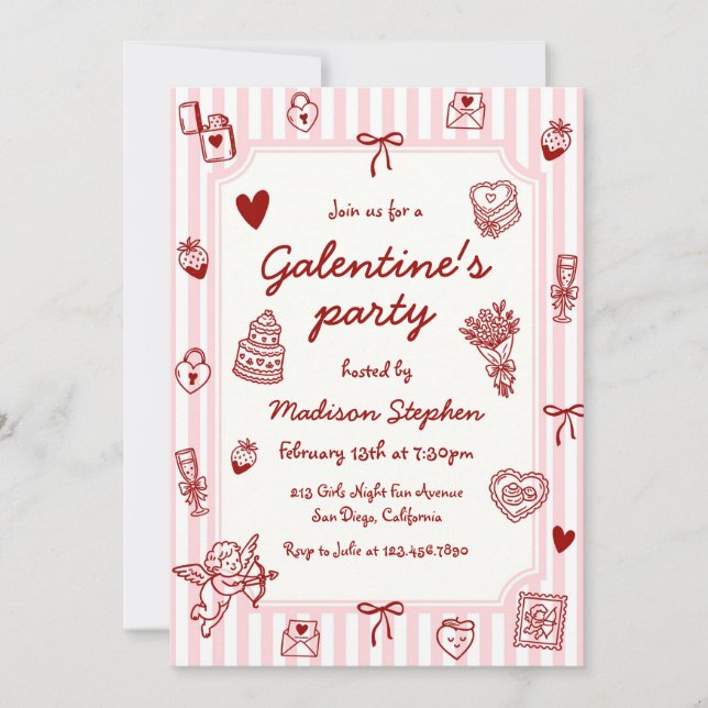 Convites  Pink Red Hand Drawn Galentine's Party (Frente)