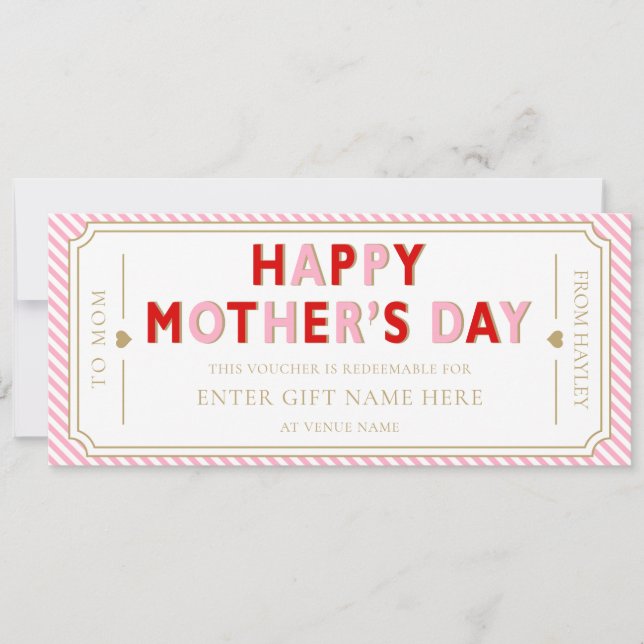 Convites Pink Red Happy Mother's Day Gift Voucher Card (Frente)