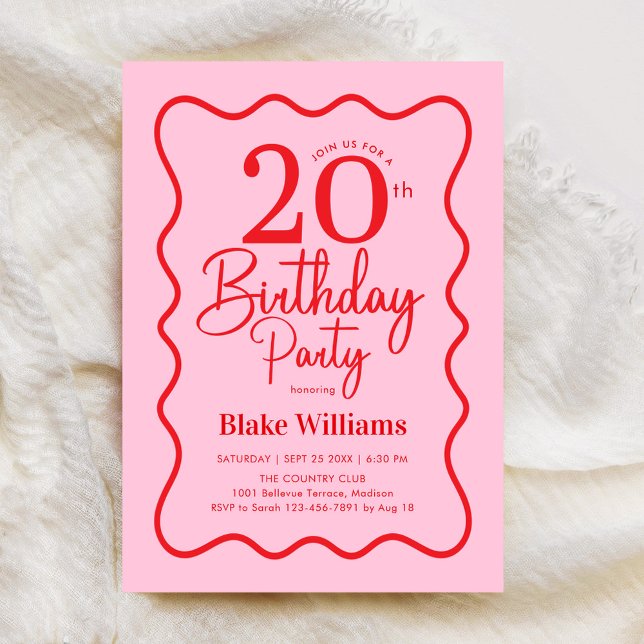 Convites Pink Red Retro 20th Birthday Wavy Border (Criador carregado)