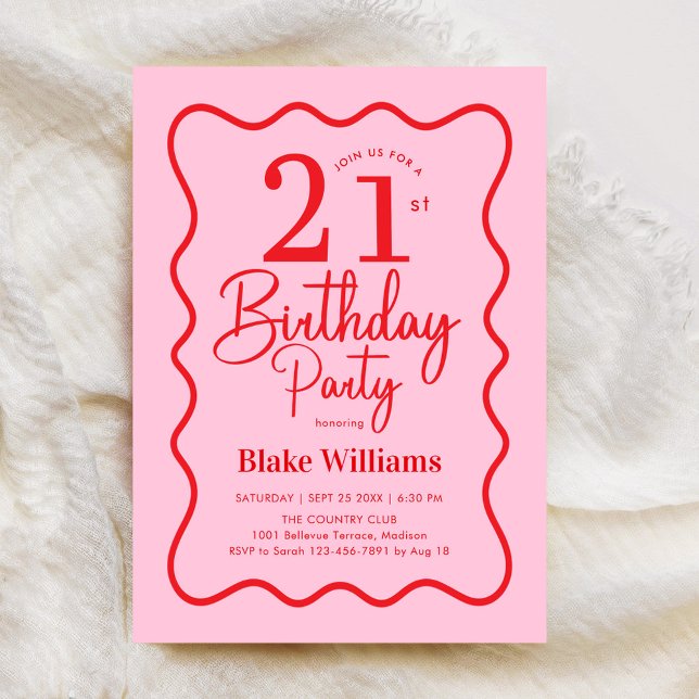 Convites Pink Red Retro 21st Birthday Wavy Border (Criador carregado)