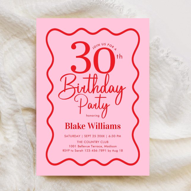 Convites Pink Red Retro 30th Birthday Wavy Border (Criador carregado)
