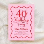 Convites Pink Red Retro 40th Birthday Wavy Border<br><div class="desc">Pink red 40th birthday party invitation. Trendy modern design with a retro touch,  perfect for a stylish women's bday celebration. Features wavy border and script font. Customize with your own details. Message me if you need custom age. Printed Zazzle invitations or instant download digital printable template.</div>