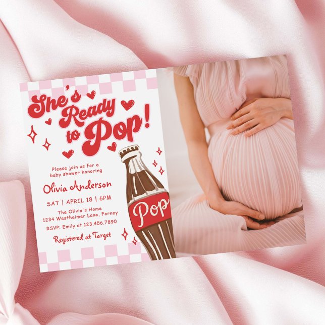 Convites Pink Red She's Ready to Pop Baby Shower Photo (Criador carregado)