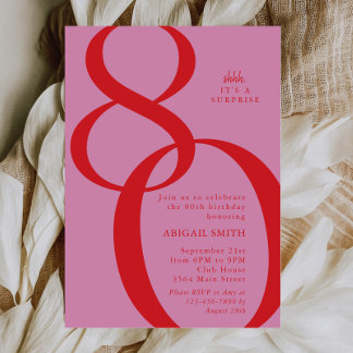 Convites Pink Red Shh It's a Surprise 80th Birthday Party