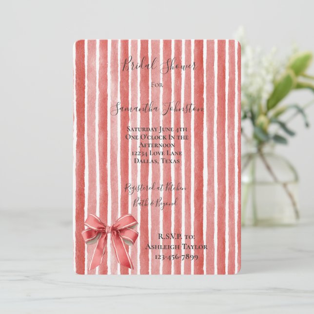 Convites Pink Red Stripes Bow Bridal Shower (Em pé/Frente)