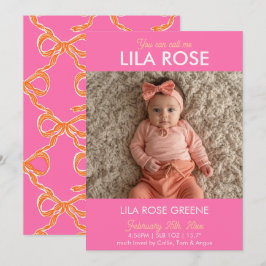 Convites Pink Retro Bow Photo Birth Announcement Card