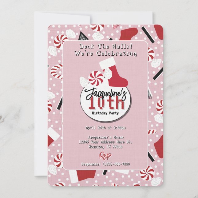 Convites Pink Retro Christmas Peppermint Birthday (Frente)