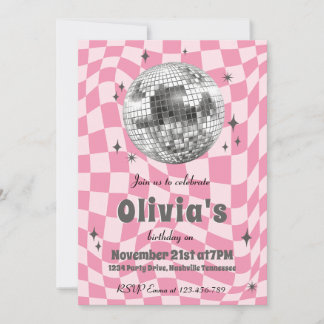 Convites Pink Retro Groovy Coquette Disco Ball Birthday