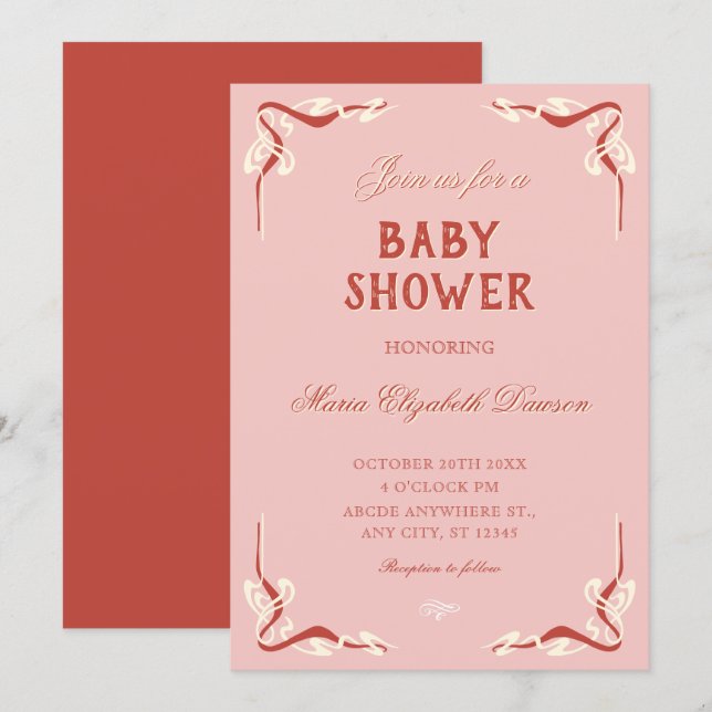 Convites Pink retro vintage baby shower (Frente/Verso)