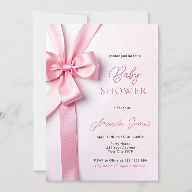 Convites Pink Ribbon Bow Baby Shower (Frente)