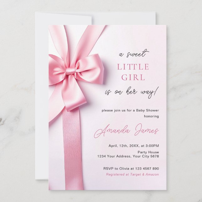 Convites Pink Ribbon Bow Baby Shower Sweet Little Girl (Frente)