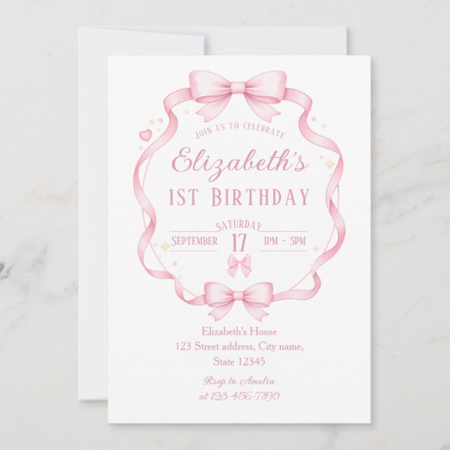 Convites Pink Ribbon Bow Coquette First Birthday Invitation (Frente)