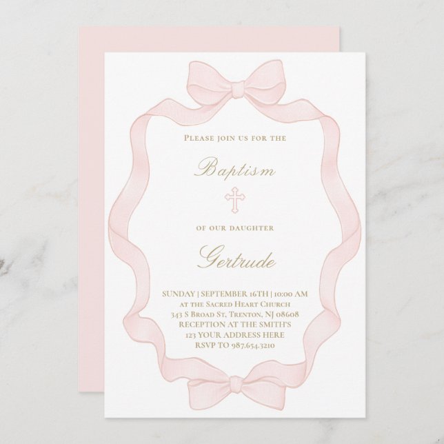 Convites  pink ribbon frame Baptism Invitation (Frente/Verso)