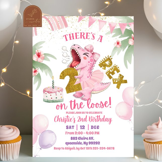 Convites Pink Roaring Dinosaur 2-rex birthday Invitation (Criador carregado)