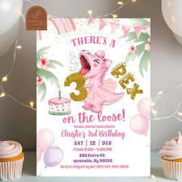 Convites Pink Roaring Dinosaur 3-rex birthday Invitation