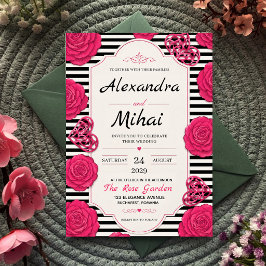 Convites Pink Rose Black and White Stripe Floral