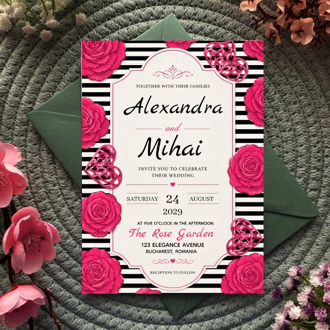 Convites Pink Rose Black and White Stripe Floral  (Criador carregado)