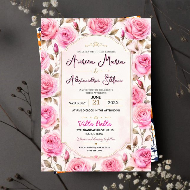 Convites Pink Rose Elegant Floral Romantic Blush Rose  (Criador carregado)