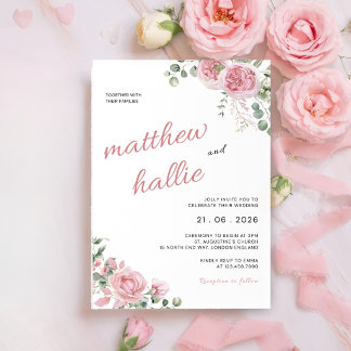 Convites Pink Rose Eucalyptus Watercolor Wedding Invitation