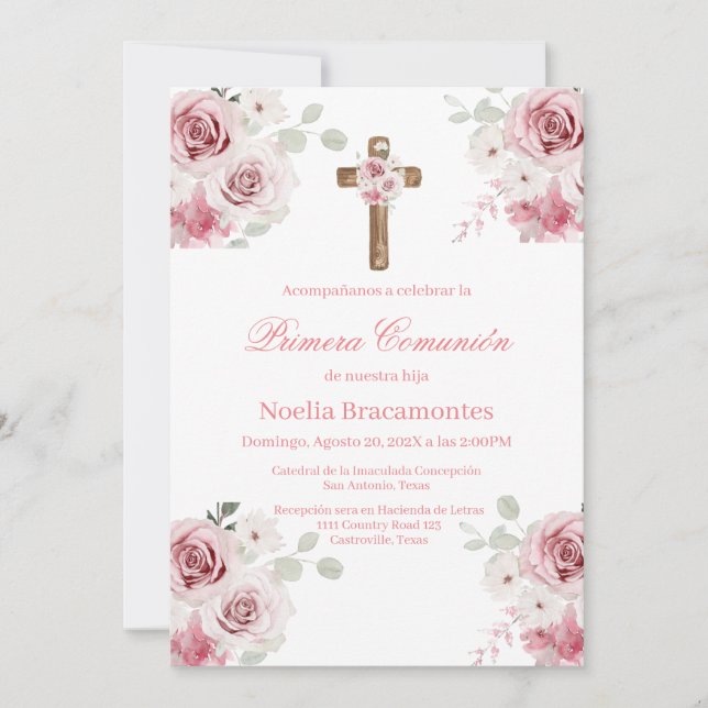 Convites Pink rose first communion invitation in spanish  (Frente)
