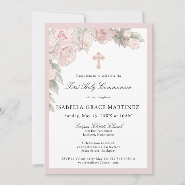 Convites Pink Rose Floral First Communion Invitation (Frente)