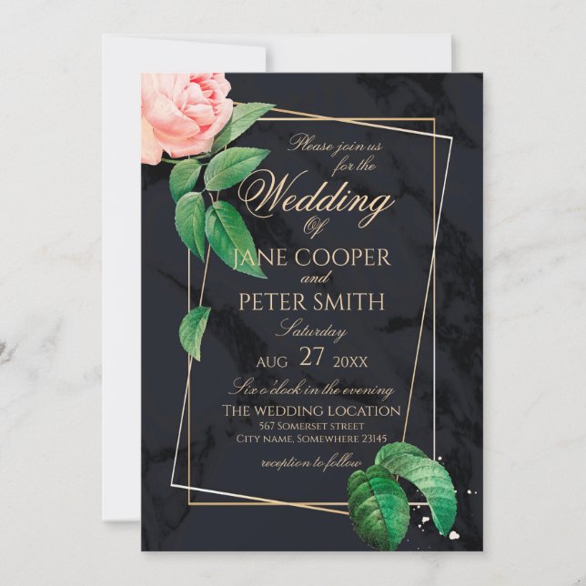 Convites Pink rose & gold frame floral Wedding Invitation (Frente)