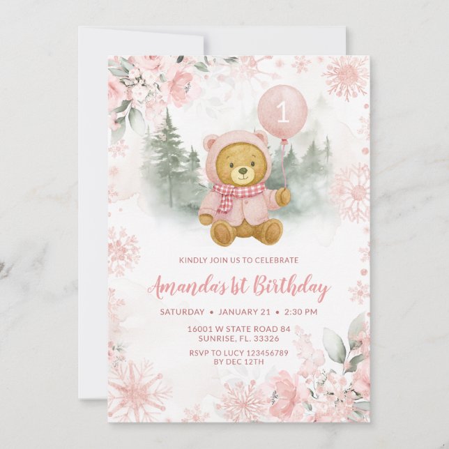 Convites Pink Rose Gold Winter Bear Balloon 1st Birthday (Frente)