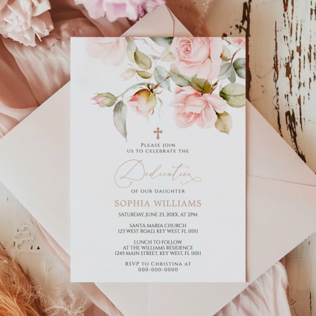 Convites Pink Rose & Greenery Leaves Dedication Invitation (Criador carregado)