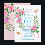 Convites Pink Rose Ribbon 60th  Birthday Invitation<br><div class="desc">Lovely and elegant rose with butterfly.  You can changes the texts to your choice.
Suitabe for 40th,  50 th,  60th,  70th etc.</div>