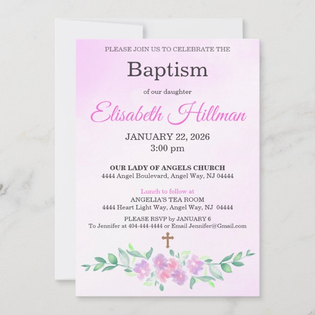 Convites Pink Rose Watercolor Ombre Cross Baptism (Frente)