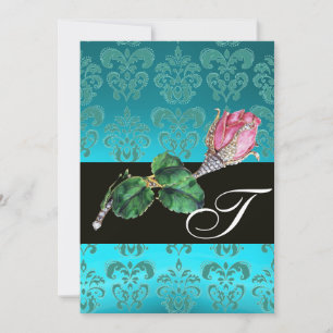 CONVITES PINK ROSEBUD DIAMOND JEWEL , BLUE DAMASK MONOGRAM