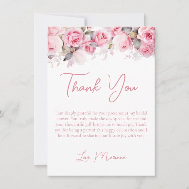 Convites Pink Roses Bridal Shower Thank You Card (Frente)