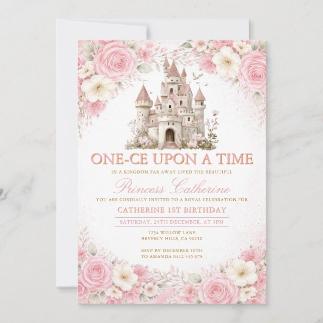 Convites Pink Roses Castle Princess Birthday Invitation (Frente)