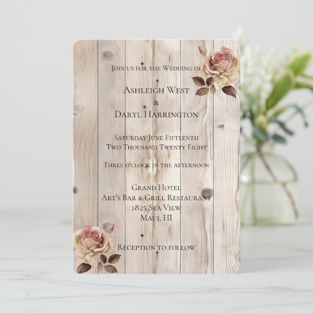 Convites Pink Roses Cream White Wood Wedding (Em pé/Frente)