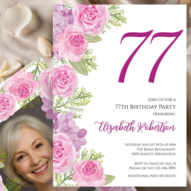 Convites Pink Roses Custom Photo Template 77th Birthday (Criador carregado)