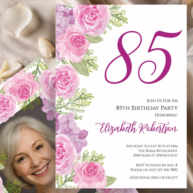 Convites Pink Roses Custom Photo Template 85th Birthday (Criador carregado)
