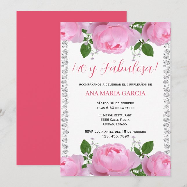 Convites Pink Roses & Diamonds 40th Birthday Spanish (Frente/Verso)