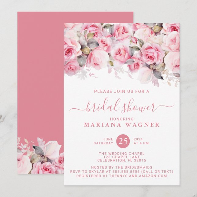 Convites Pink Roses Floral Bridal Shower (Frente/Verso)