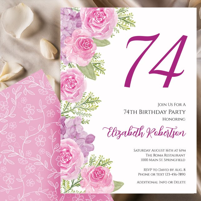 Convites Pink Roses Floral Template 74th Birthday (Criador carregado)