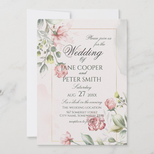 Convites Pink Roses floral Wedding Invitation (Frente)