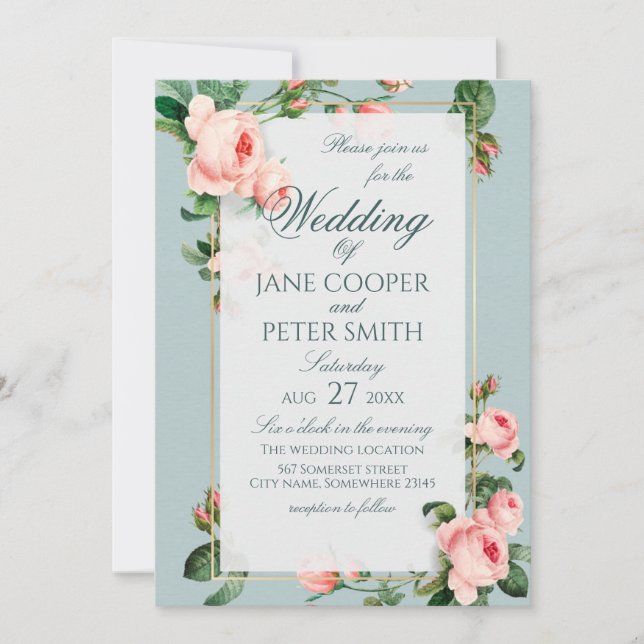 Convites Pink roses floral Wedding Invitation (Frente)