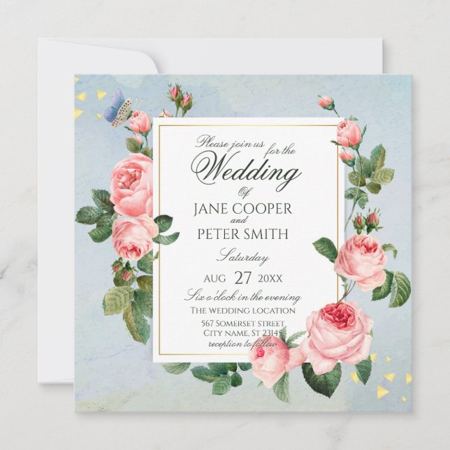 Convites Pink Roses floral Wedding Invitation (Frente)