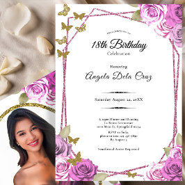 Convites Pink Roses Gold Butterflies 18th Debut Birthday