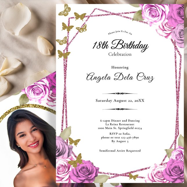 Convites Pink Roses Gold Butterflies 18th Debut Birthday (Criador carregado)