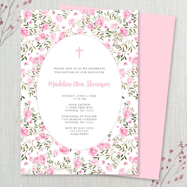 Convites Pink Roses Grandmillenial girl baptism invitation (Criador carregado)