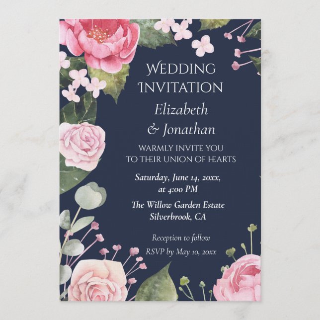 Convites Pink Roses on Blue Customizable Wedding Invitation (Frente)