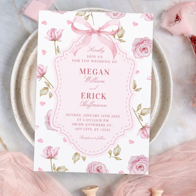 Convites Pink roses pattern bow wedding (Criador carregado)
