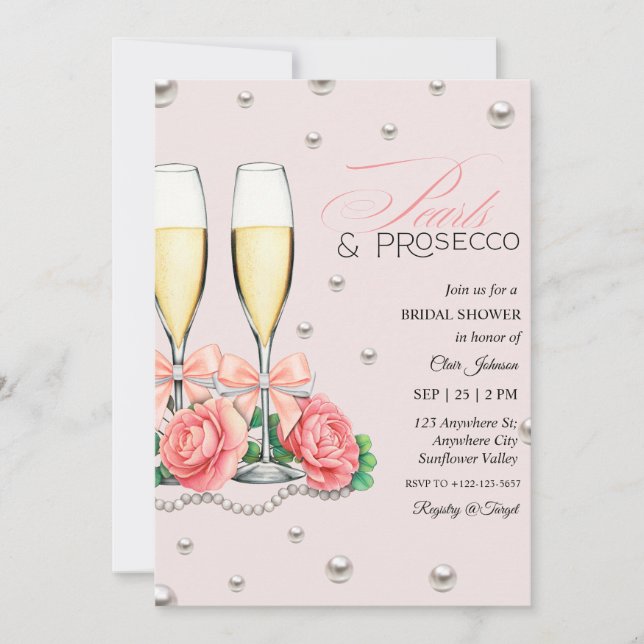 Convites Pink Roses Pearls and Prosecco Bridal Shower  (Frente)