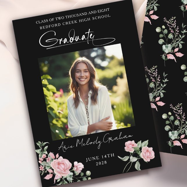 Convites Pink Roses Script Photo Graduation Announcement (Criador carregado)